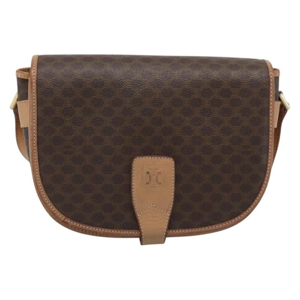 Celine Vintage Macadam Canvas And Leather Brown Canvas Shoulder Bag Bag
